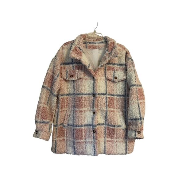Plaid Teddy Jacket - Cream and Pink - Picture 1 of 5